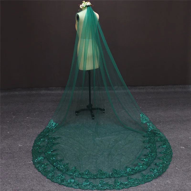 Реальные фотографии 3 метра один слой блестки кружева зеленый Свадебная вуаль с расческой Красивая свадебная фата