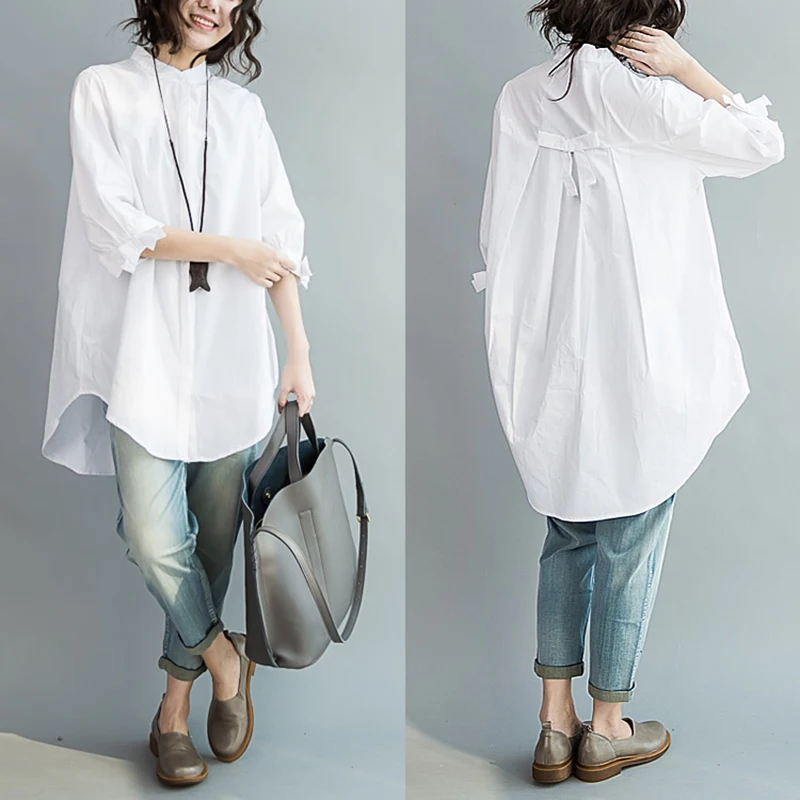  2019 Summer 100% Cotton Women White Shirts Fashion Long-sleeve Plus Size Large Loose Blouse Bow Fas