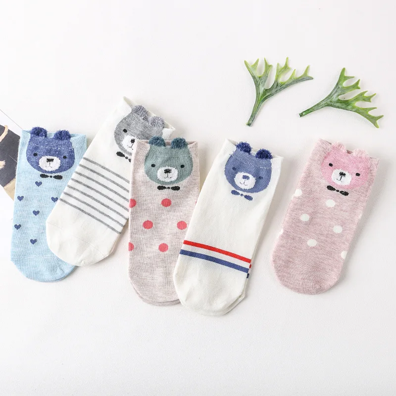5 пар, новинка, женские хлопковые носки, милые носки с изображением медведя, Аватара, короткие носки, повседневные носки для девочек с ушками животных, 35-40 - Цвет: 01