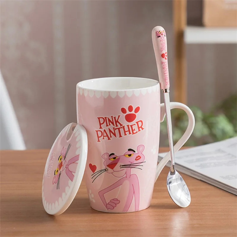 Креативная кофейная кружка Розовая пантера с ложкой и крышками 350 мл Милая мультяшная керамическая чашка для чая с молоком для девочек подарок на день рождения и Рождество - Цвет: 12