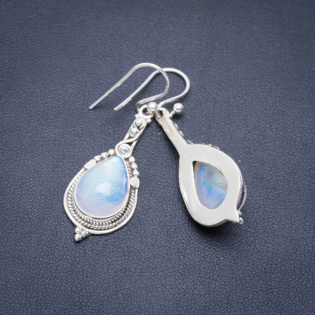 

Natural Rainbow Moonstone Handmade Unique 925 Sterling Silver Earrings 1.75" A2167