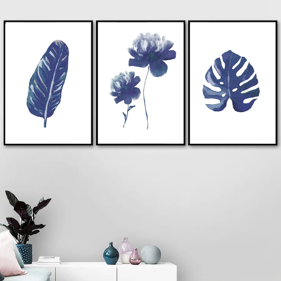 Watercolor Blue Tropical Big Leaves Nordic Plant Posters And Prints Wall Art Canvas Painting Kids Wall Pictures For Living Room