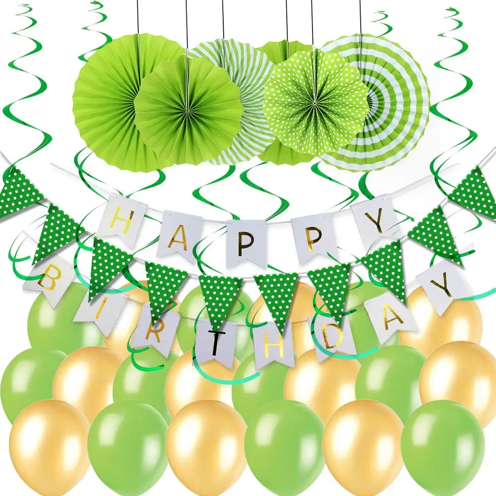 

8pcs Yellow Green Kids Birthday Party Decor Kit Happy Birthday Banner Hanging Swirl Paper Fans Pennant Flag Latex Balloons