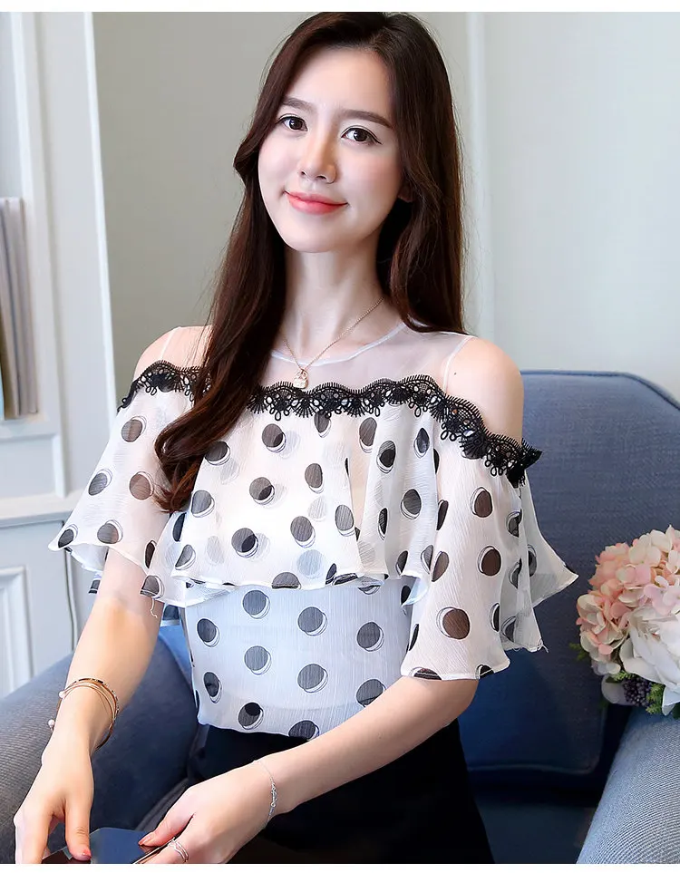 New Polka Dot Shirts Women 2018 Female Summer Blouse Ruffled Open Shoulder Tops Casual Fashion Print Chiffon Blusas Mujer Verano (5)
