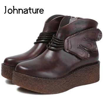 

Johnature 2020 New Autumn/Winter Wedges Genuine Leather Round Toe Solid Casual Retro Zipper Ankle Platform Boots Women Shoes
