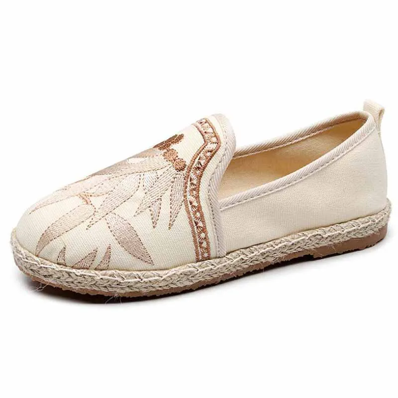 

Vintage Embroidered Women Flats Flower Slip On Cotton Fabric Linen Comfortable Old Peking Ballerina Flat Shoes Sapato Feminino