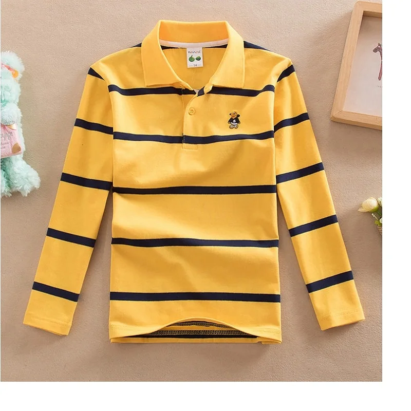 High quality 4-12 years old boy polo shirt long sleeve shirt lapel round neck striped solid color cotton T-shirt - Цвет: JT8097G9S