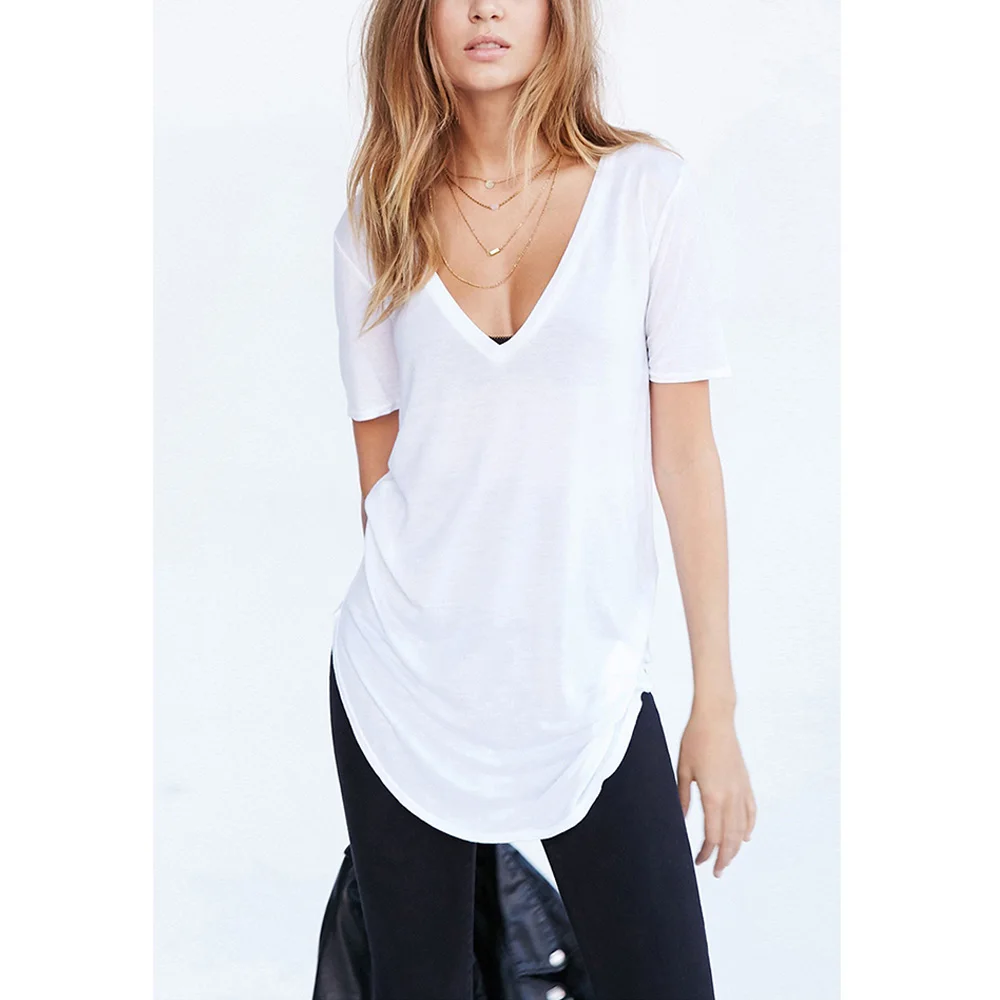 

V-neck Long T Shirt Women Summer Sexy Oversized Basic White Cotton Tumblr Aesthetic Vintage Grunge Black Punk Tops Plus Size