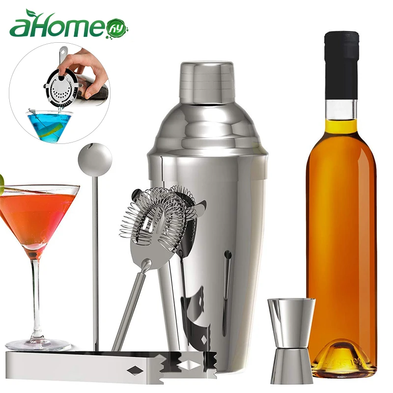 

5 Pics Stainless Steel Bar set Cocktail Making Set Cocktail Hand Shaker Kit with Shaker Strainers Measures Muddler Bar Spoon