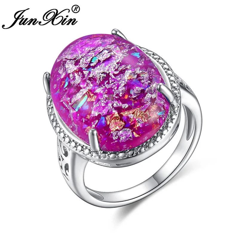 

JUNXIN Royal Male Female Purple/Pink/Blue Fire Opal Rings For Women Men 925 Silver Filled Rainbow Ocean World Big Oval Ring Gift