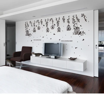 

[ZOOYOO] Black birdcage leaves silhouette wall stickers 3d living room bedroom children wall decals murals self adhesive film