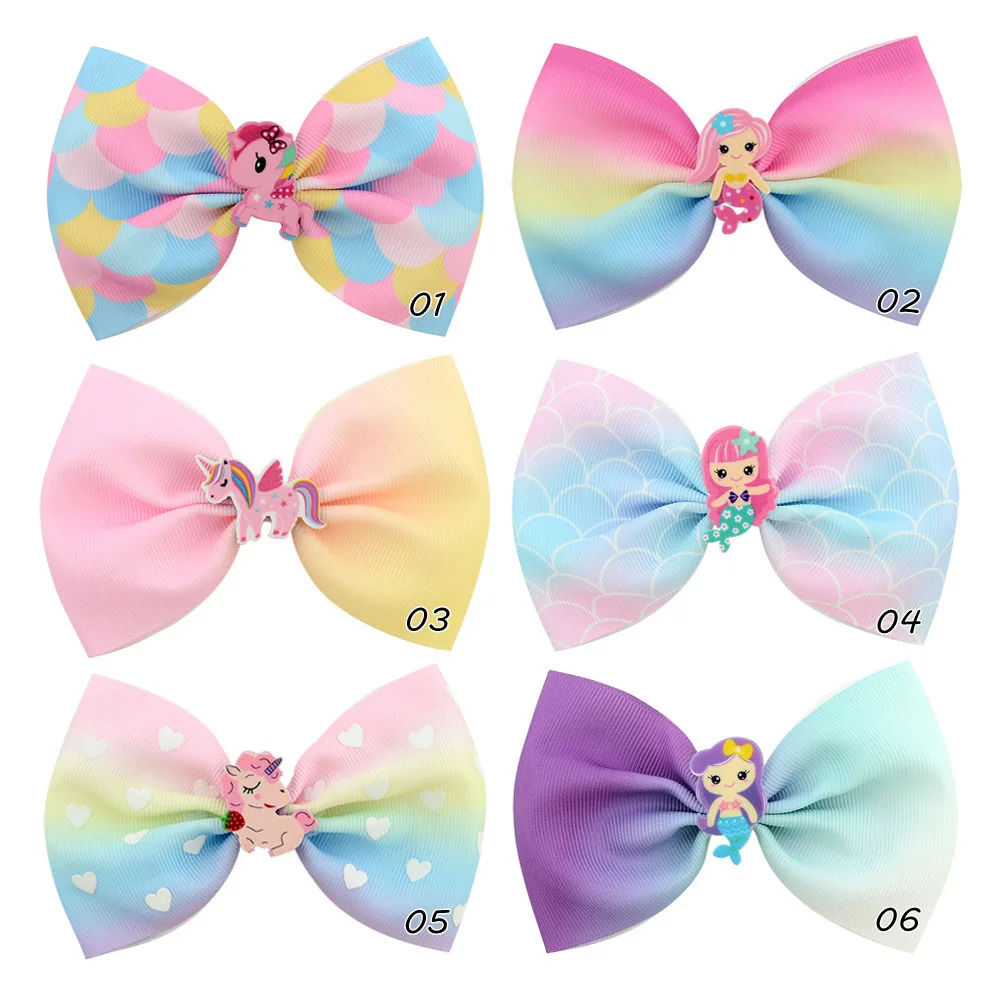 3/6 Pcs/lot Colorful Lovely Unicorn Mermaid Girls Bow Tie Hair Clip Grosgrain Ribbon Bow-knot Hairpins Hairgrips Accessories