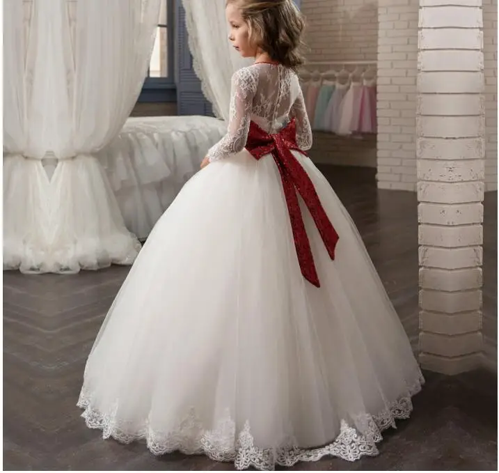 19 Pizzo Bianco Vestito Della Prima Comunione Per Le Ragazze Con Fiocco Rosso Di Tulle Manica Lunga Abiti Fiore Per Le Ragazze Pageant Abito Su Misura Girls Dress Dresses For Girlsflower Girl Dresses White