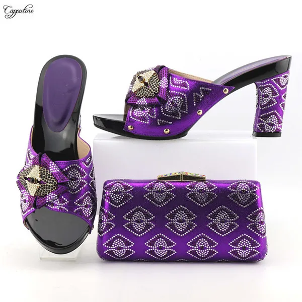 

Amazing slip on high heel pumps shoes and evening bag set with rhinestones for wedding/party 2258-65 in Violet
