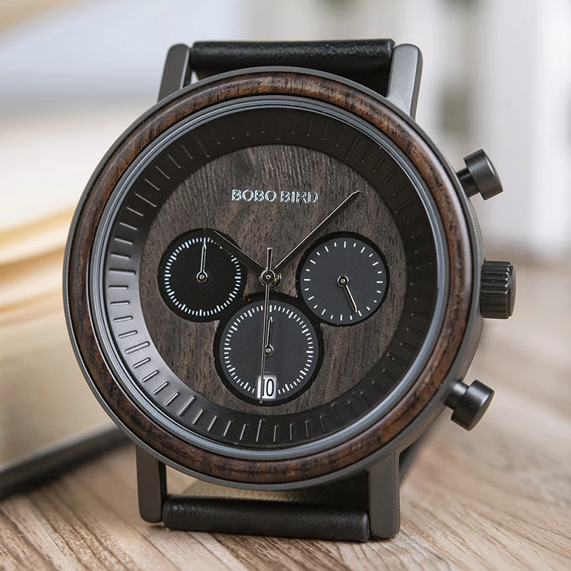 BOBO BIRD Stainless Steel Wooden Watch Chronograph Men Sport Waterproof Military Watches Relogio Masculino