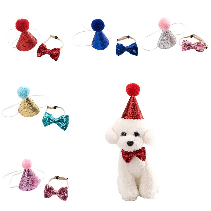 

Hoomall Cute Dog Cats Collar Set Fit Bithday Party Decor Shine Sequins Cap & Collar For Pet Fashion Kitten Puppy Pet Accessories