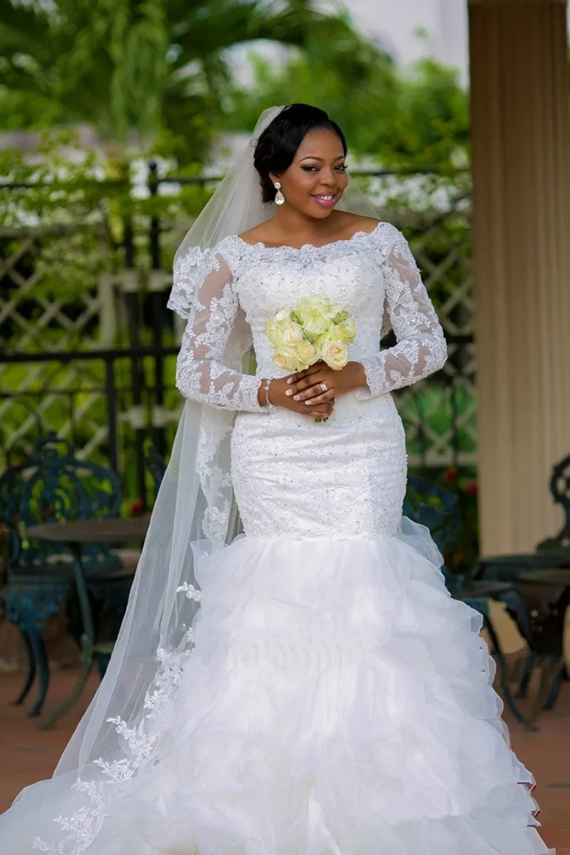 

Plus Size Bride Dresses Custom Made Elegant Beaded Lace Long Sleeves Mermaid Wedding Dress 2016 vestidos de noiva