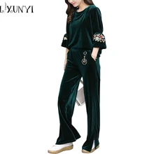 2018 Autumn Winter Tracksuits Suits Women Fashion Velvet Suit Two Piece Set Velvet Embroidery Top + Wide Leg Pant Plus Size 3XL 2018 Autumn Winter Tracksuits Suits Women Fashion Velvet Suit Two Piece Set Velvet Embroidery Top + Wide Leg Pant Plus Size 3XL