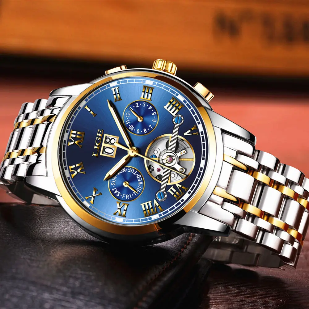 LIGE, мужские часы, Лидирующий бренд, Роскошные автоматические механические часы, мужские деловые полностью стальные водонепроницаемые спортивные наручные часы, Montre Homme