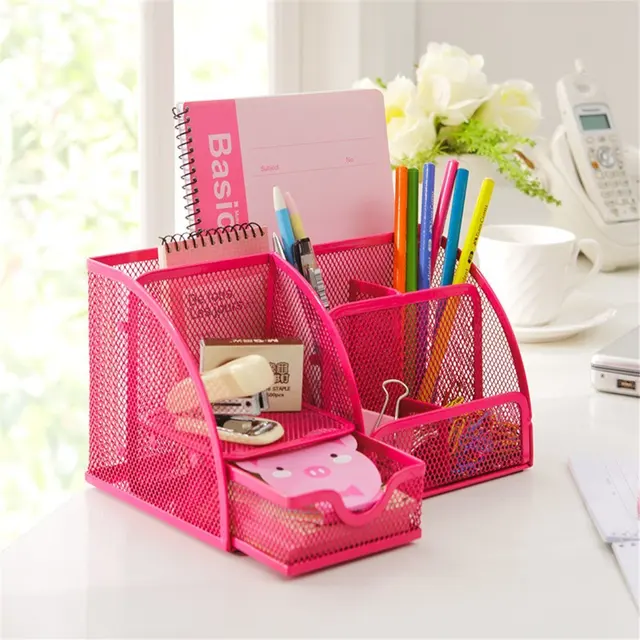 Online Hot Pink Office Supplies Mesh Desk Organizer Desktop Hot Pink Office Supplies Mesh Desk Organizer Desktop Pencil Holder Accessories Caddy With Drawer 7 Compartments