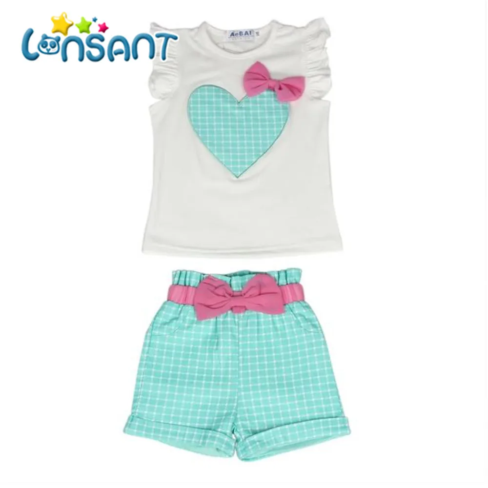 

LONSANT New 2018 Summer Baby Girls Kids Girls Love Heart Bow Vest T-Shirt Bow Plaid Shorts Set Sleeveless Round neck Clothing