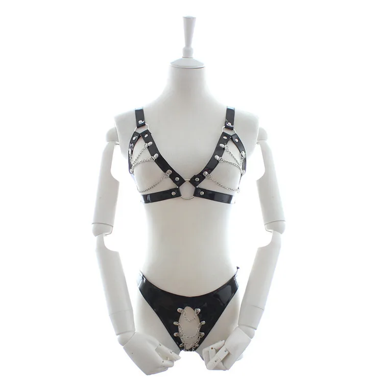 

Sexy Womens Underwear Strappy Faux Leather Metal Chain Body Harness Bra Top Thong Pole Dance Bikini Lingerie Set Fetish Wear