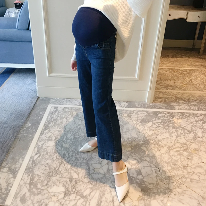 

2018 new autumn pregnant women cowboy stomach lift pants tide mother micro-horn wide leg casual bottoming trousers