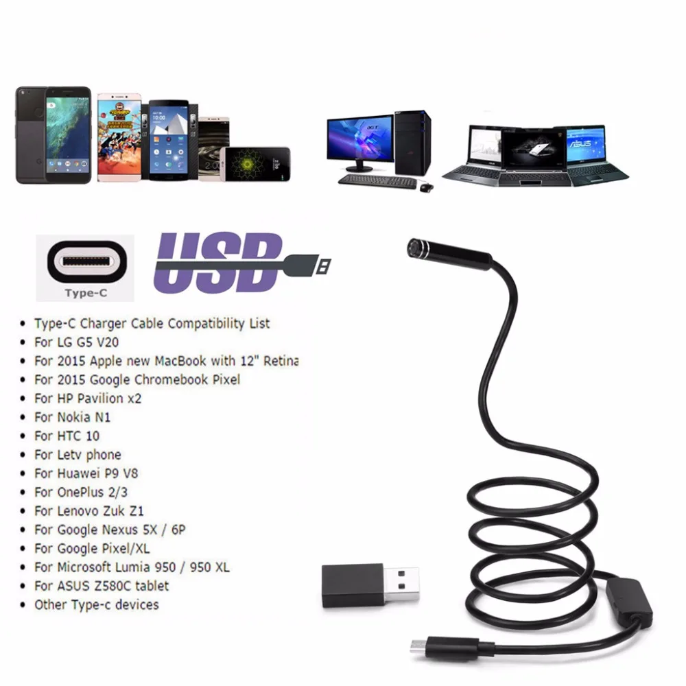 OOTDTY 1 M-10 M 5,5mm USB TYPE-C Android эндоскоп Инспекционная камера