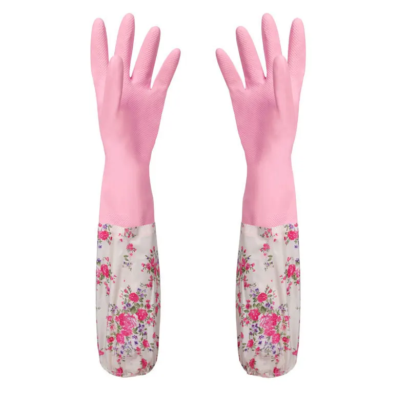 Цветочные резиновые бархатные длинные перчатки, домашние перчатки, противоскользящие бытовые перчатки для мытья посуды