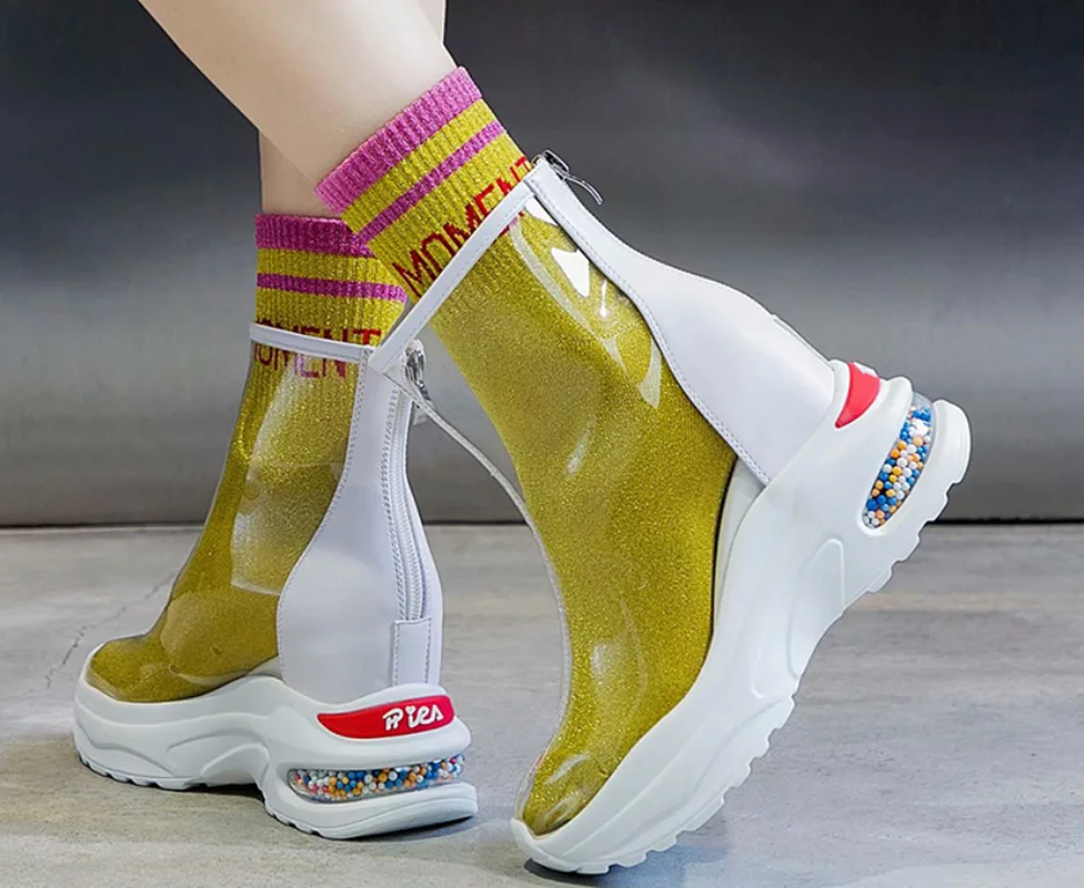 

Women Ankle Boots Shoes Clear PVC Transparency Platform Zip Breathable Hidden Heel Chic Summer Korean Style A901