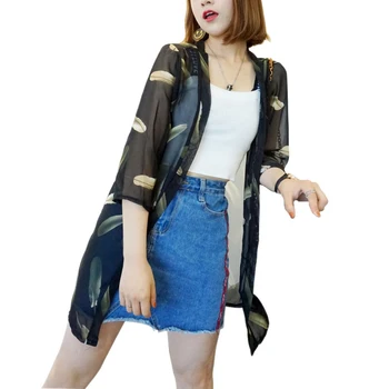 

Summer Women's Cropped Sleeve Print Long Kimono Cardigan Blusas Jacket Casual Loose Sunblock Shirt