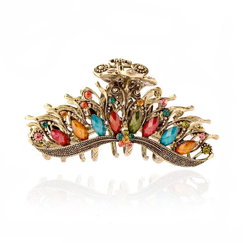 Morkopela Big Metal Hair Claw Crab Vintage Rhinestone Hair Clip Accessories Retro Flower Hair Claws For Women Banquest Jewelry