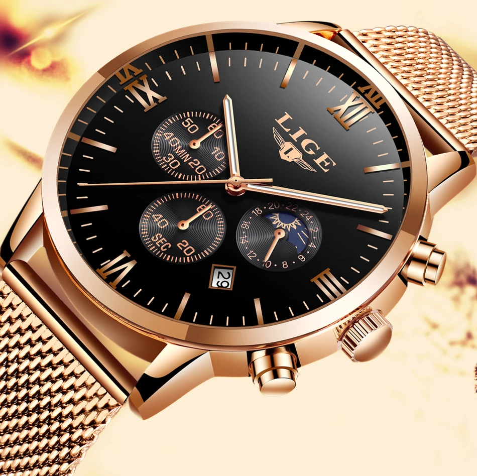 LIGE мужские часы Топ люксовый бренд Бизнес золотые кварцевые часы мужские повседневные сетчатые стальные водонепроницаемые спортивные часы Relogio Masculino+ коробка