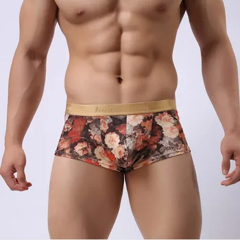

Ice Silk Boxers Men Low Waist Sexy Mens Underwear Boxer Shorts U Convex Bulge Pouch Flower Boxershorts Male Howe Ray Print