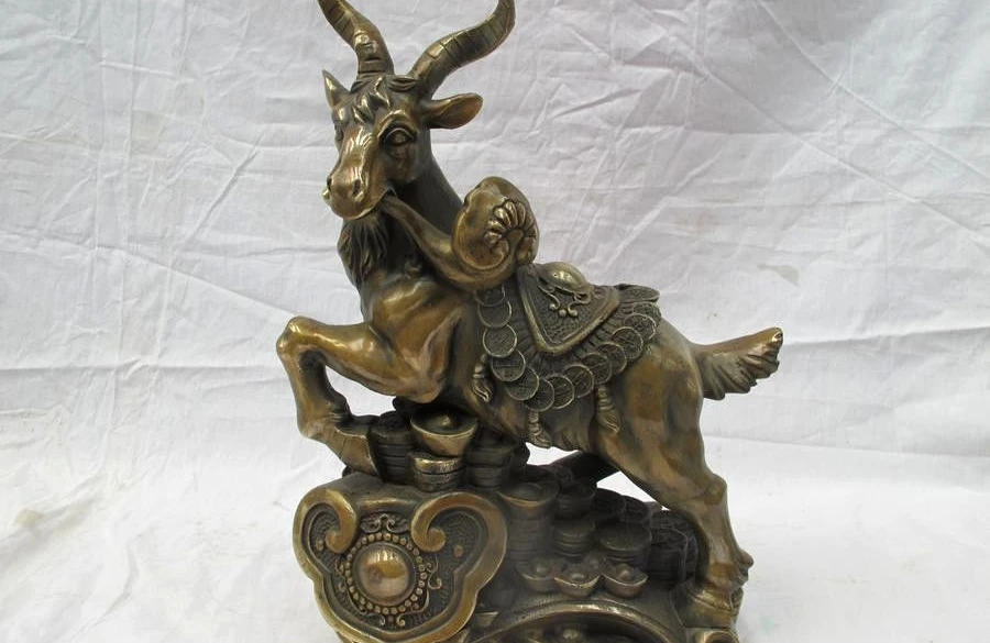 

Chinese Folk Feng Shui bronze Copper Auspicious Ru Yi Goats Sheep Statue