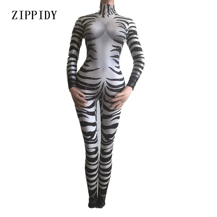 Zebra Printed Rhinestone Jumpsuit Female Sexy Stretch Leggings Cosplay