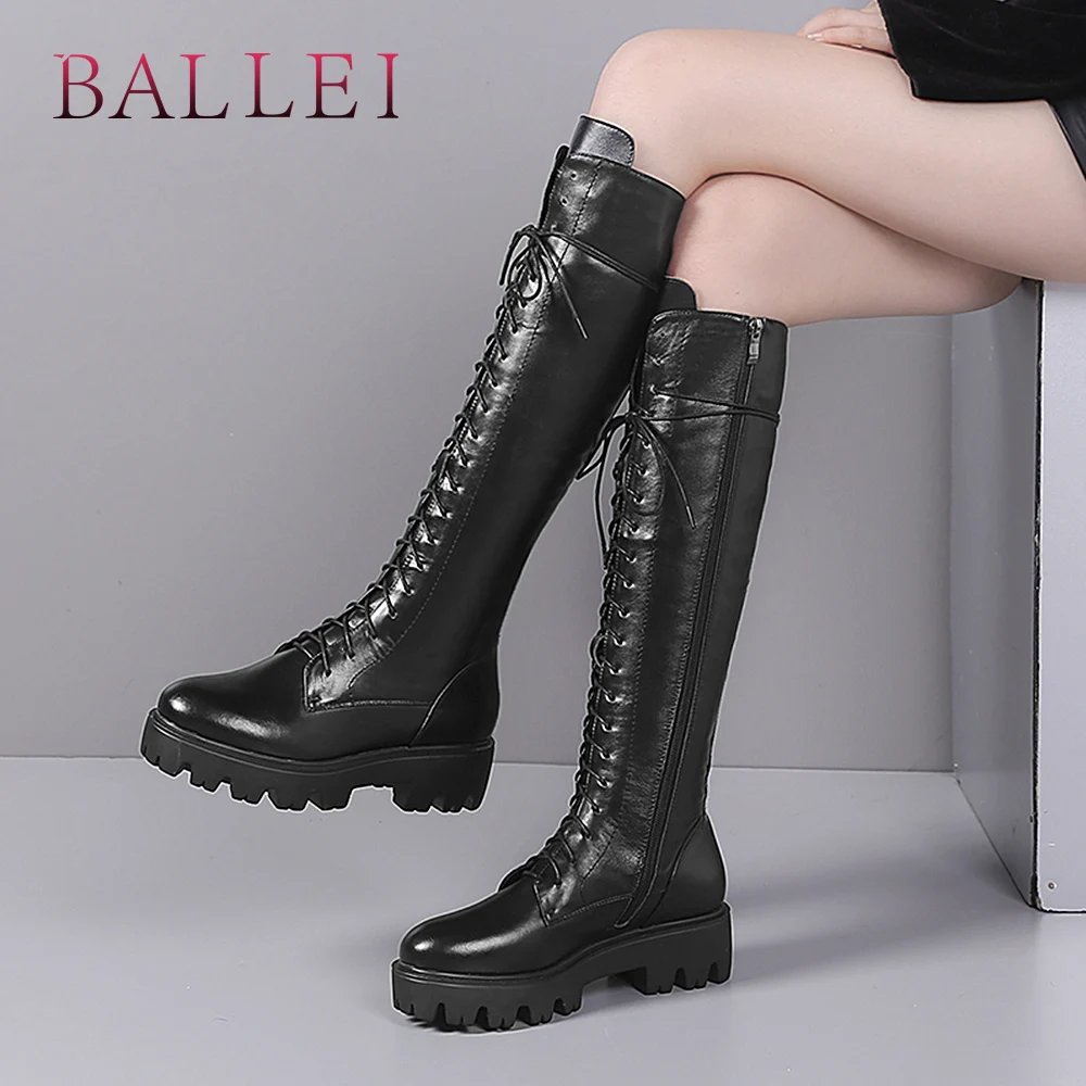 Bottes À Luxe Véritable Bout Rond Doux forme Over Ballei D'hiver Chaussures H58 En Plate genou the Femme Black De Qualité Cuir Lacets Haute Chaudes x0Ox5vwqZn