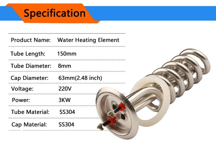 220 В 3000 Вт спиральная форма SUS304 электрическая тепловая трубка из нержавеющей стали для электрического bolier, нагревательный элемент пружинного типа с крышкой 63 мм