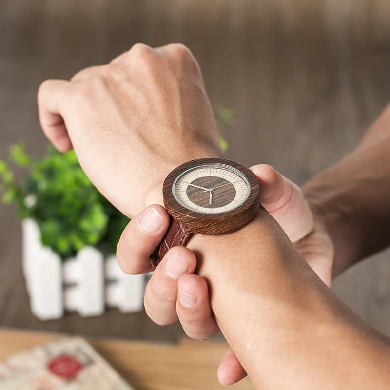 BOBO BIRD Round Wooden Case Mens Watches Simple Wood Dial Leather Wristwatch in Gift Wooden Box