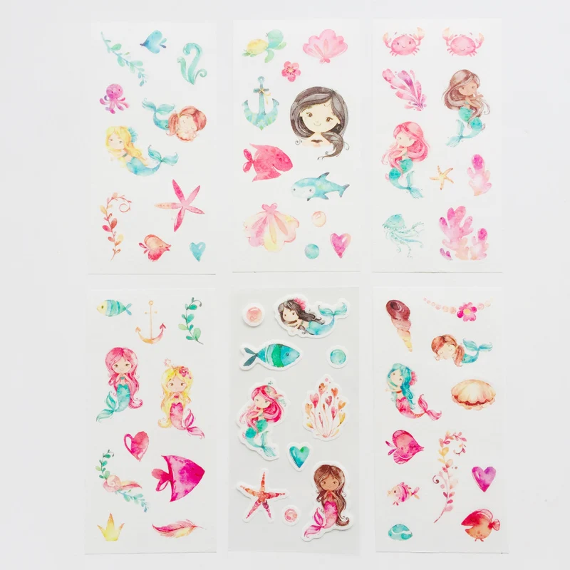 6 Sheets Lovely Mermaid Girl & Fish Decorative Stickers Label Stick Decoration