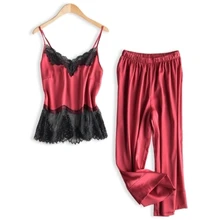 Женский костюм из двух предметов, Атласный пижамный комплект, сексуальный кружевной топ и свободные штаны, пижама с вышивкой, Женская шелковая пижама, пижама, домашний костюм