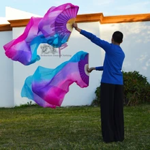 Высокие продажи натуральный шелк вуали 1 пара ручной работы для женщин качество шелк живота танцевальный веер танец Бирюзовый фиолетовая Роза 180*90 см