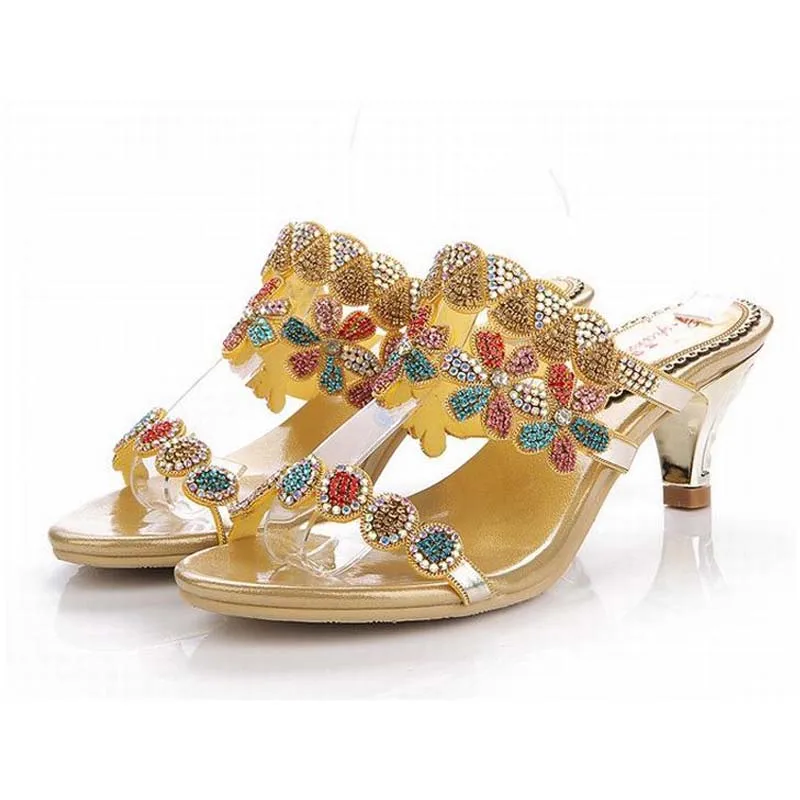 Mujeres Gold Colorido Verano Med De Talones Zapatos Del Sandalias 2018 Señoras Rhinestone Cómodo Flores Gladiador Cristal qxCwqZadF