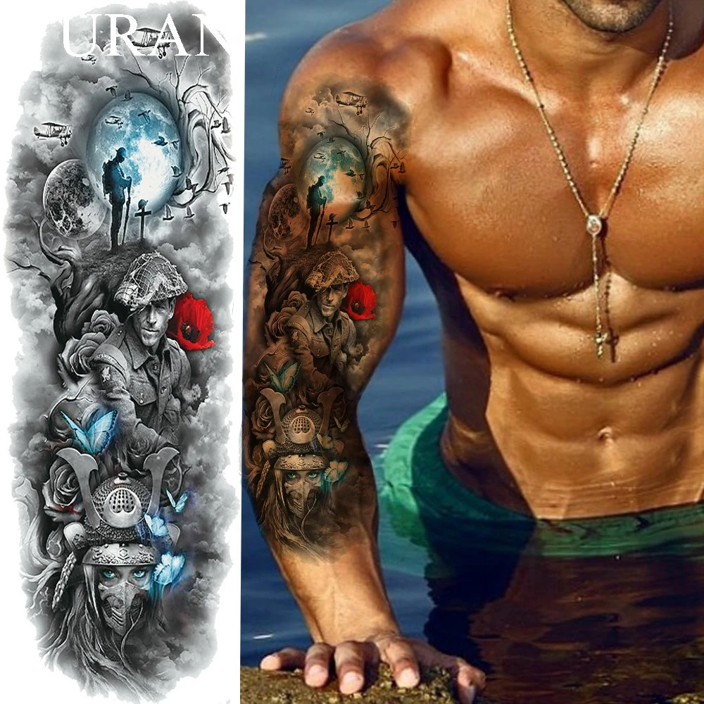 Muscular Man Full Arm Temporary Tattoo Stickers Blue Moon Warrior Waterproof Tattoo Women Legs Decal Tatoos Earth Pirate Captain Temporary Tattoos Aliexpress