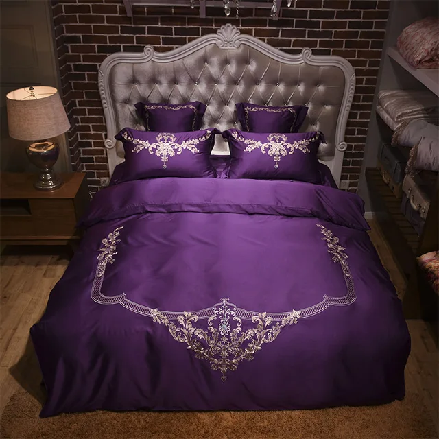 Luxury Purple / Navy Blue bedlinen 4/6pcs tencel Silk bedding set Queen