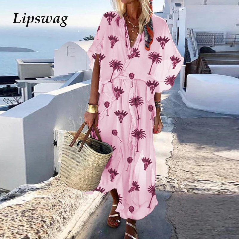 

Lipswag 4XL Women Short Sleeve Print Boho Maxi Dress 2019 Summer Sexy V Neck Beach Dresses Casual Loose Plus Size Party Sundress