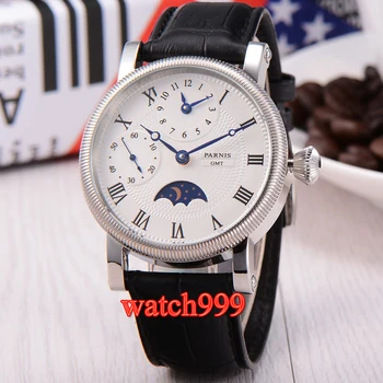 

42mm parnis white dial Dual time zone GMT hand-wound 6497 men's watch leather belt mechanical mens watches