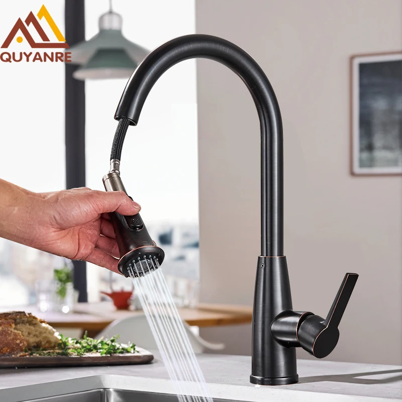 Quyanre Bronze Black Kitchen Faucet Pull Out Kitchen Tap 360
