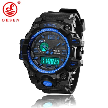 

OHSEN Men Sports Watches Waterproof Alarm Chronograph LED Quartz Wristwatches Brand Plastic Strap relogio masculino Clock AD1606