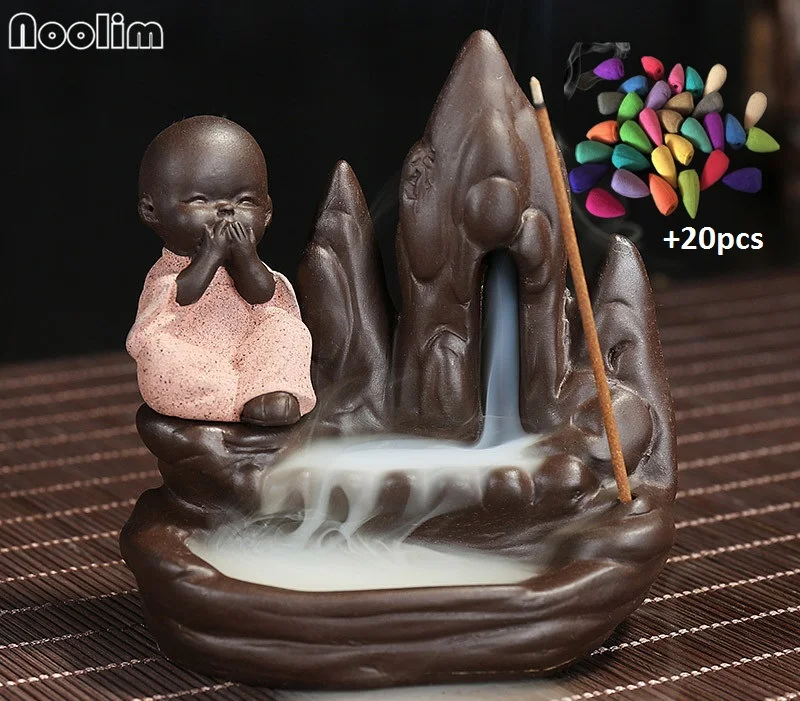 

Incense Burner + 20Pc Incense Cones,Creative Home Decor The Little Monk Small Buddha Censer Backflow Incense Burner Use In house